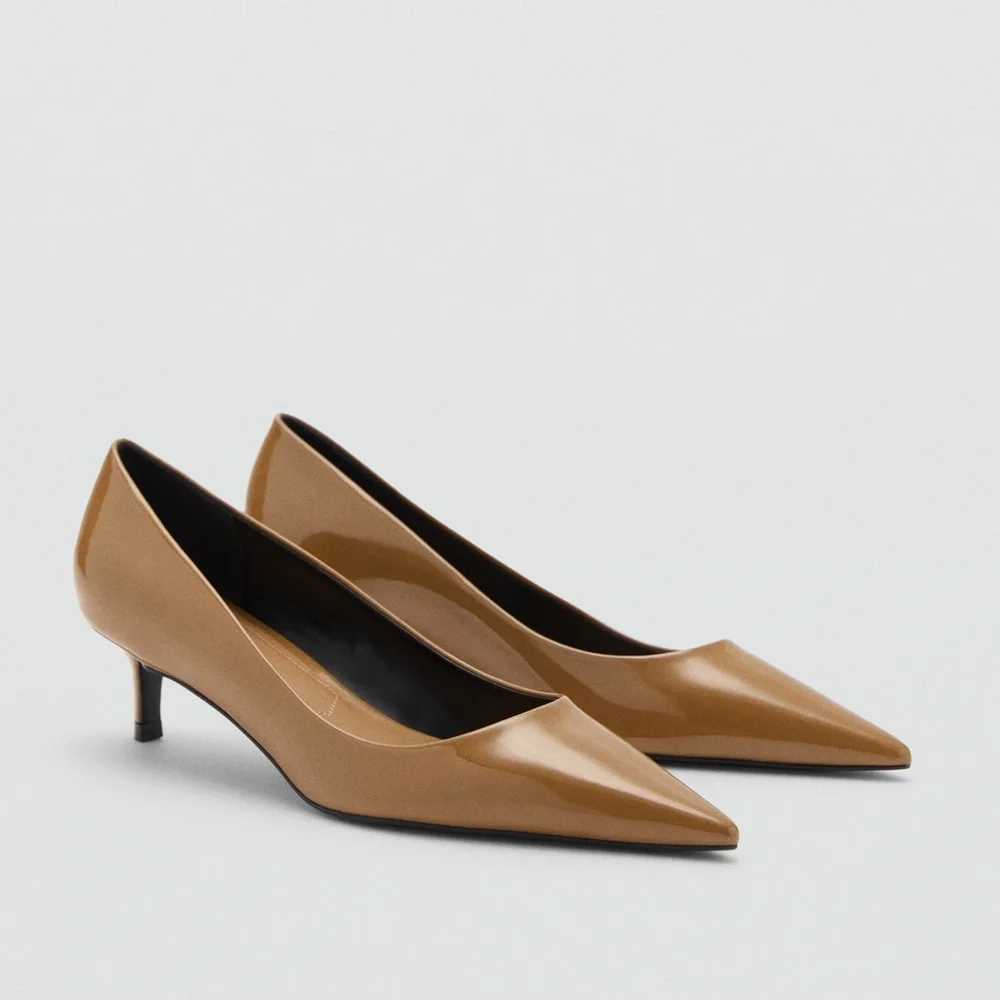 MNG MANGO ||  Mocha Brown Kitten Heel Patent Leather Shoes